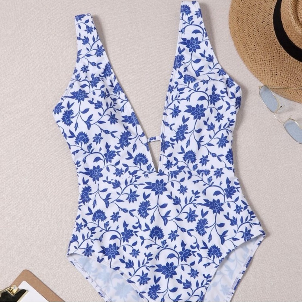 SHEIN White and Blue Floral Swimsuit